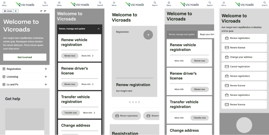 Series of five grayscale mobile screens showing different layouts and navigation options for VicRoads website, including vehicle registration renewal, driver's license renewal, address change, and help sections.