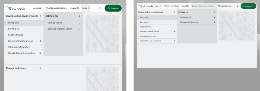 Screenshot of VicRoads website menu showing options for buying, selling, roadworthiness, and vehicle registrations.