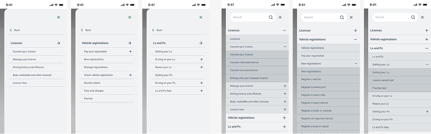 Series of six mobile app screens showing navigation menus for managing vehicle and driver licences, including options like vehicle registrations, paying registration, renewing licenses, and managing permits.