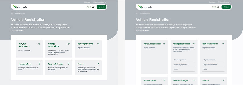 VicRoads Vehicle Registration webpage showing options to pay registrations, manage registrations, new registrations, number plates, fees and charges, and permits, with a search bar and sign-in button.