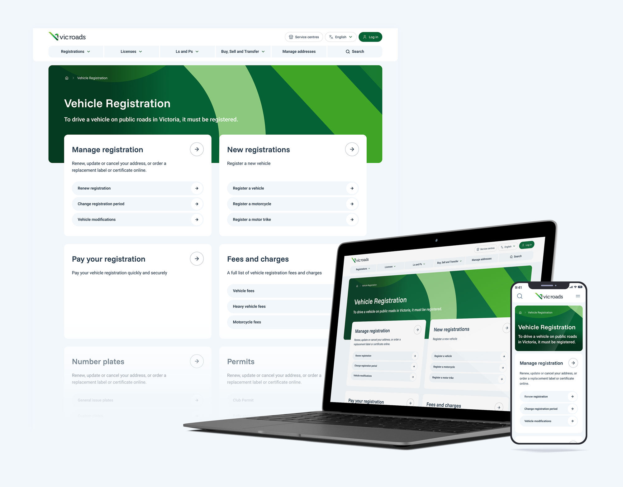 Laptop and smartphone display VicRoads vehicle registration webpage with sections for managing registration, new registrations, paying registration, and fees and charges.