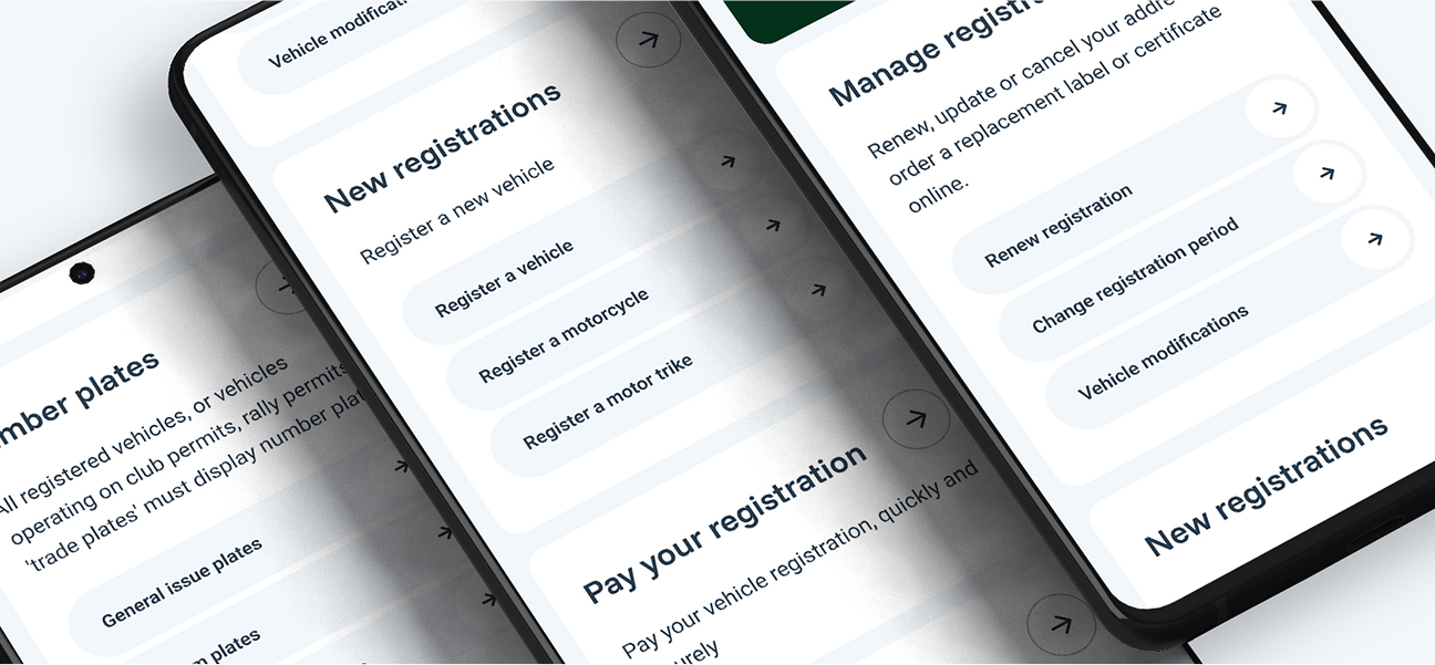 Three overlapping smartphones displaying vehicle registration options including new registrations, managing registrations, and number plates.