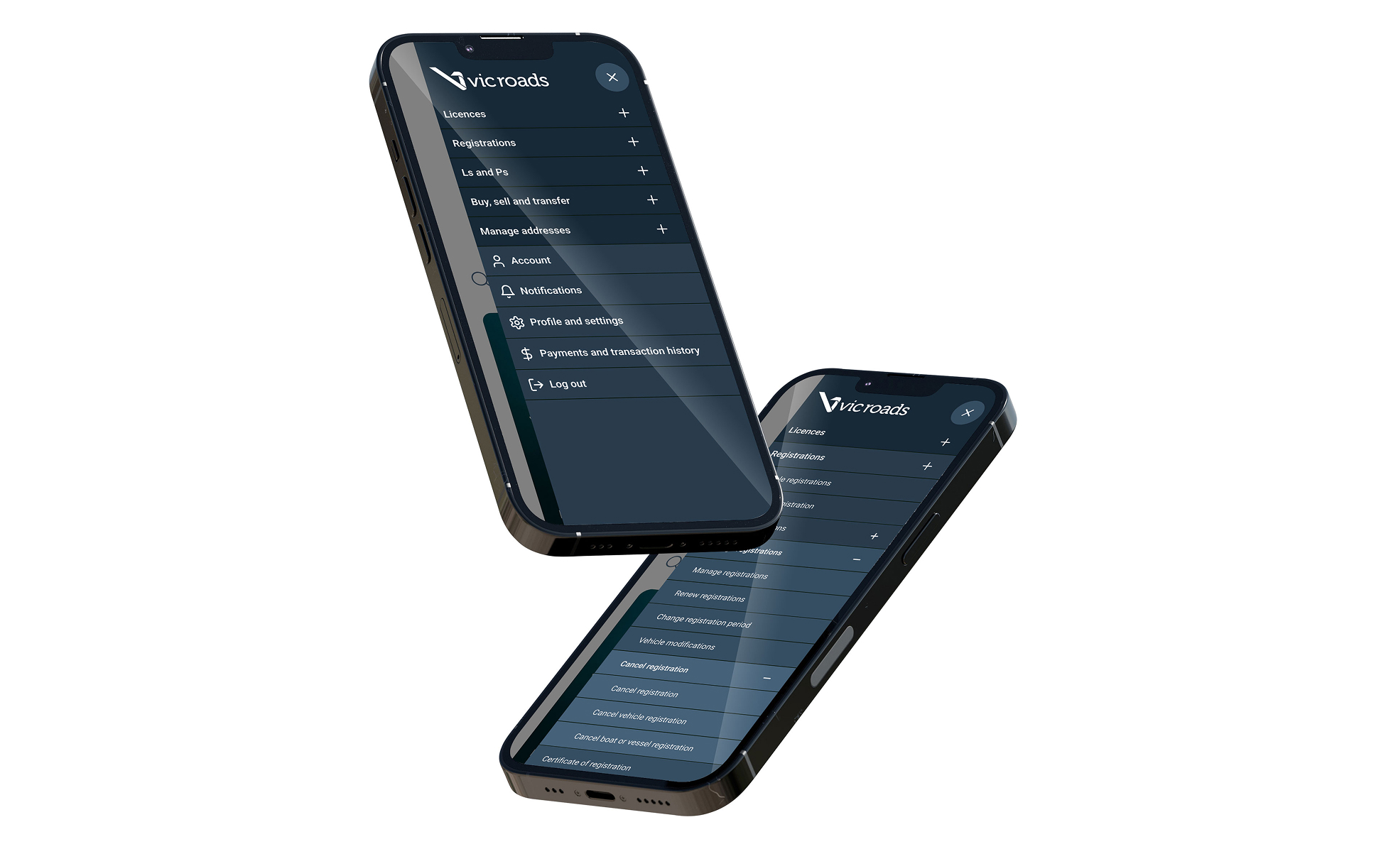 Two smartphones displaying the VicRoads app menu with options for licences, registrations, account, notifications, and payments.