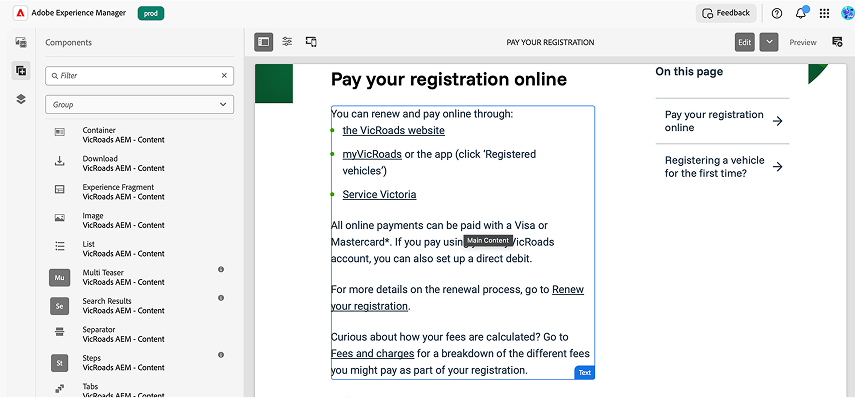 Adobe Experience Manager interface showing a page titled 'Pay your registration online' with links to renew and pay via VicRoads website, myVicRoads app, and Service Victoria, alongside sidebar navigation and editing options.