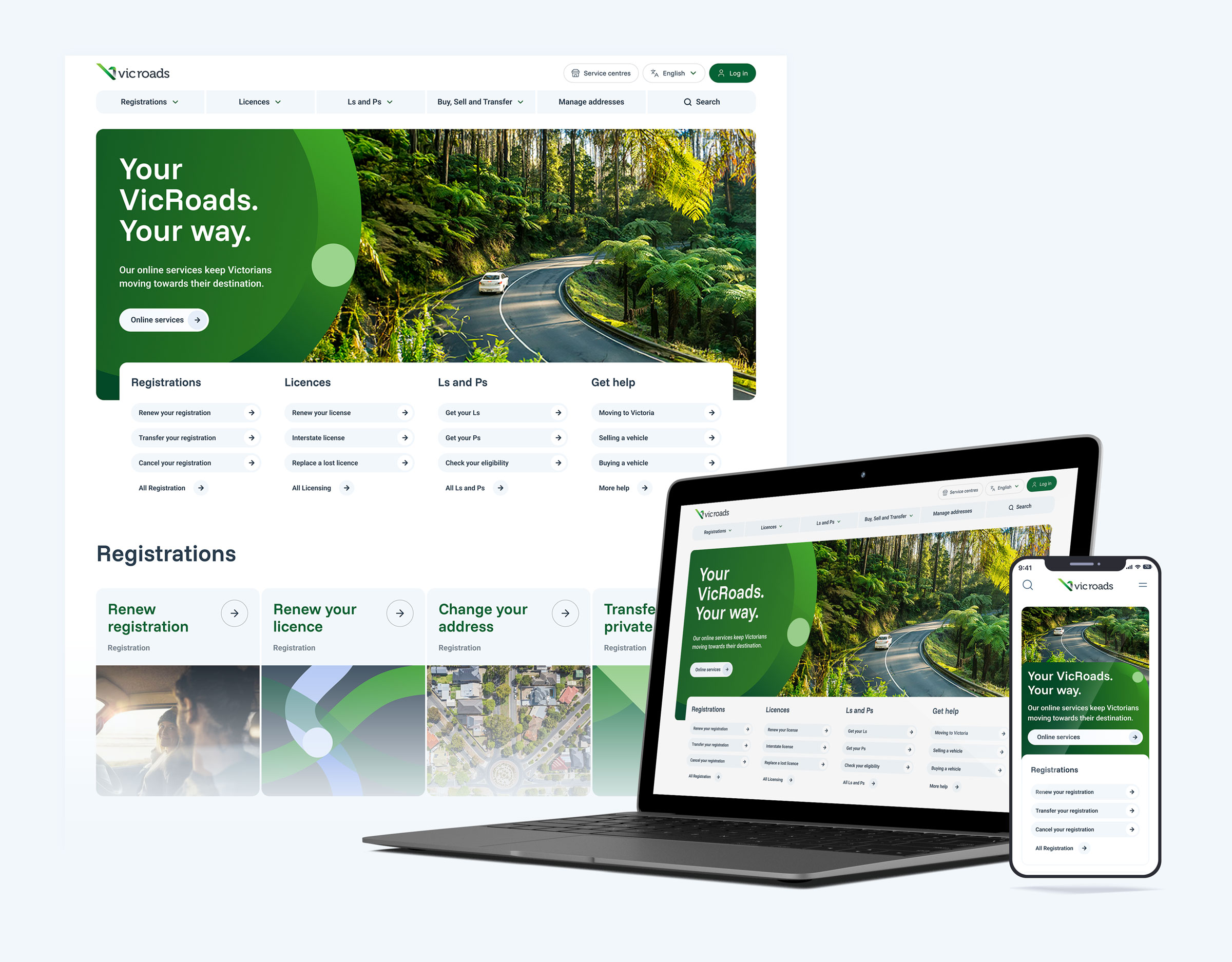 VicRoads website homepage shown on laptop and smartphone screens featuring green-themed interface with options for registrations, licences, addresses, and help services.