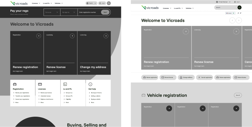 Side-by-side comparison of two VicRoads website homepages showing options like Renew registration, Renew license, and Change my address, with navigation menus and service categories.