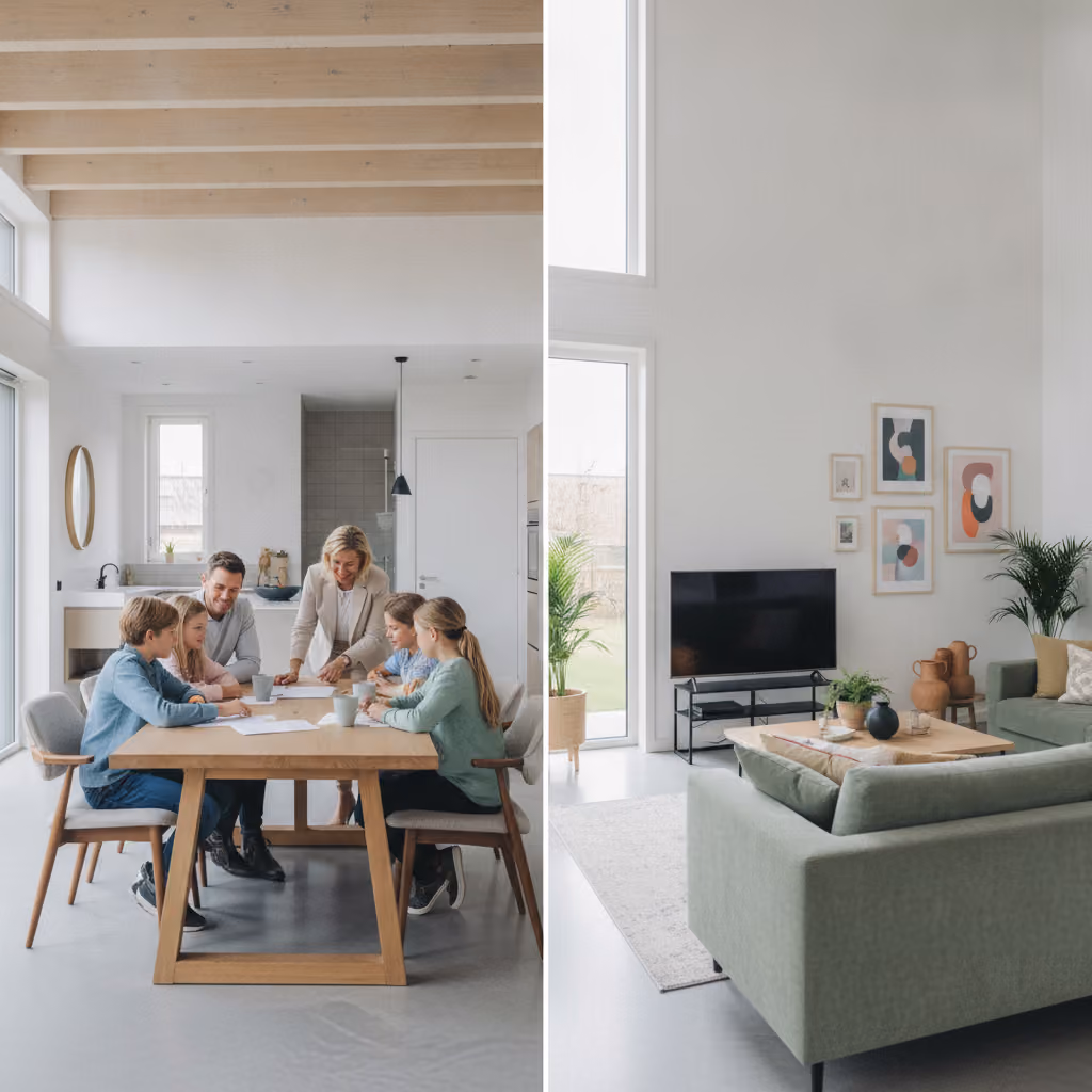 Fotorealistisch beeld van een huis (woonhuisverzekering) naast een interieur met meubels en spullen (inboedelverzekering)