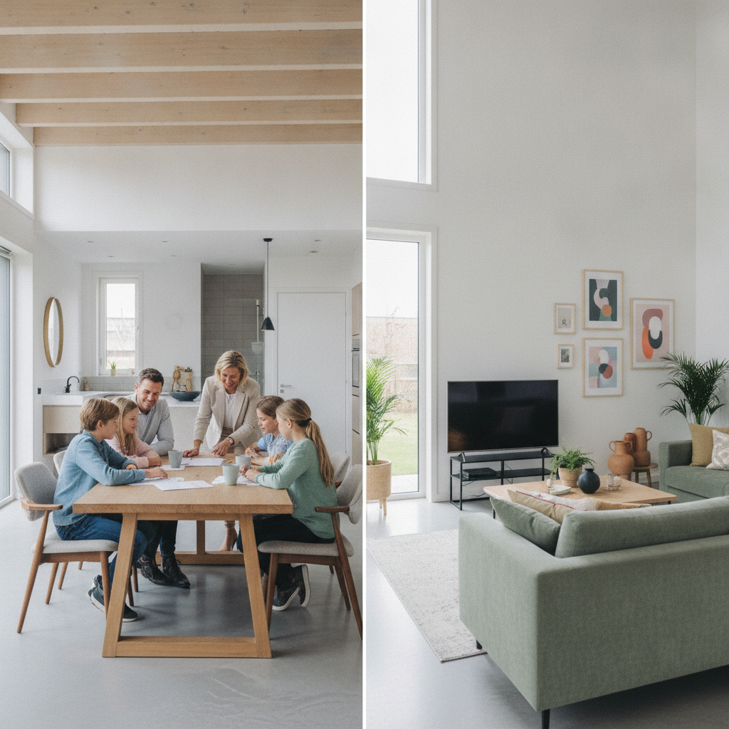Fotorealistisch beeld van een huis (woonhuisverzekering) naast een interieur met meubels en spullen (inboedelverzekering)