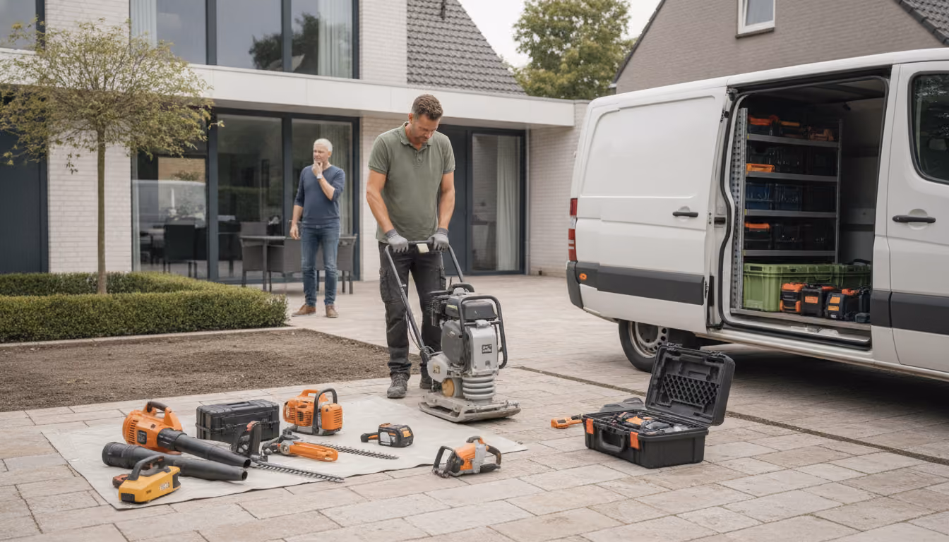 ZZP hovenier werkt met professionele machines en gereedschap bij een klant, met risico op schade aan tuin, klantbezit en bedrijfsinventaris.