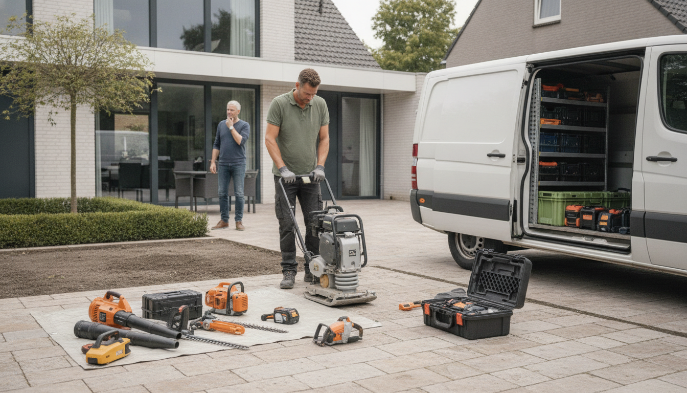 ZZP hovenier werkt met professionele machines en gereedschap bij een klant, met risico op schade aan tuin, klantbezit en bedrijfsinventaris.