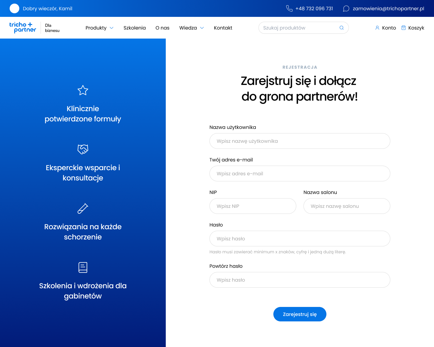 Rejestracja partnera B2B z numerem NIP i nazwą salonu