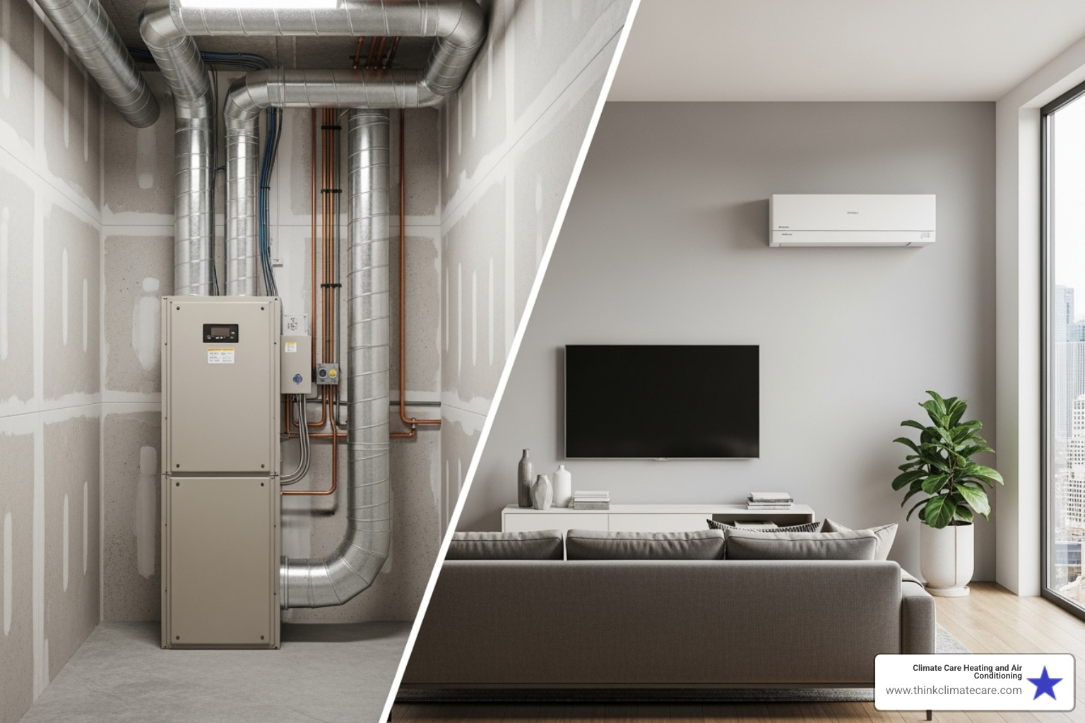 A split image showing a central air handler on the left, typically installed in a utility closet or attic, and a sleek, wall-mounted ductless mini-split head unit on the right, illustrating the two primary indoor configurations for air-source heat pumps. - heat pump installation