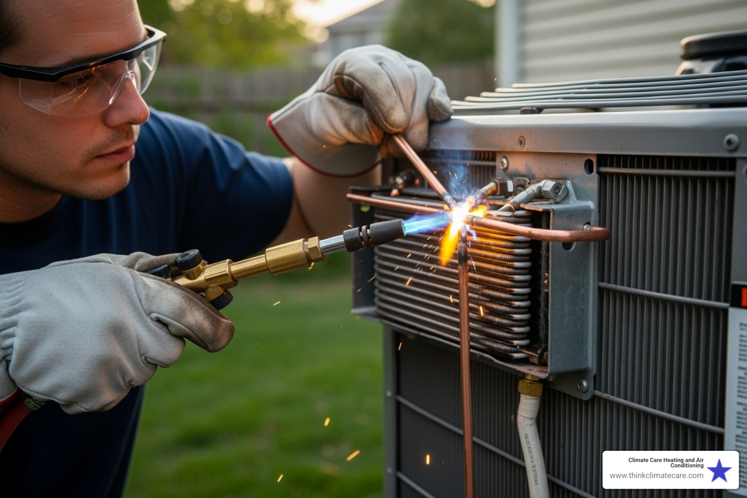 A skilled technician is carefully brazing a copper refrigerant line on an HVAC unit, with the flame from the torch clearly visible, demonstrating precision and expertise in connecting system components. - heat pump installation