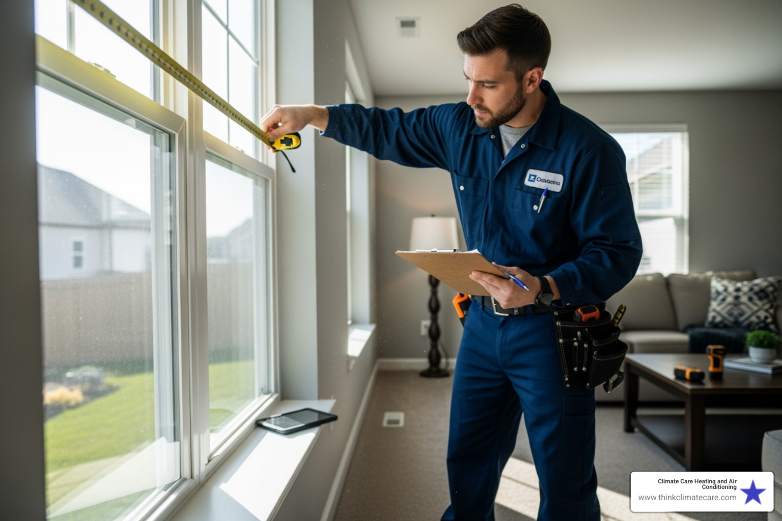 A technician is carefully measuring a window with a tape measure, clipboard in hand, indicating a precise load calculation process for HVAC system sizing. - heat pump installation