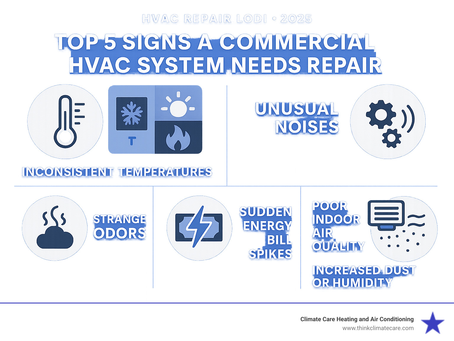 Infographic showing the top 5 signs a commercial HVAC system needs repair: inconsistent temperatures across zones, unusual grinding or screeching noises, strange burning or musty odors, sudden spikes in energy bills, and poor indoor air quality with increased dust or humidity - HVAC repair Lodi infographic Infographic showing the top 5 signs a commercial HVAC system needs repair: inconsistent temperatures across zones, unusual grinding or screeching noises, strange burning or musty odors, sudden spikes in energy bills, and poor indoor air quality with increased dust or humidity - HVAC repair Lodi infographic