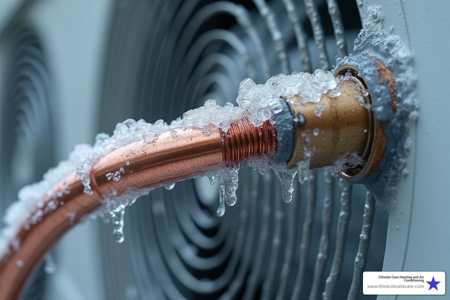 Image of ice buildup on an AC refrigerant line - AC blowing hot air