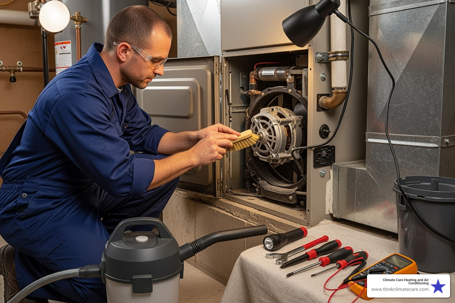 technician cleaning an indoor furnace component - affordable hvac repair experts near me sacramento
