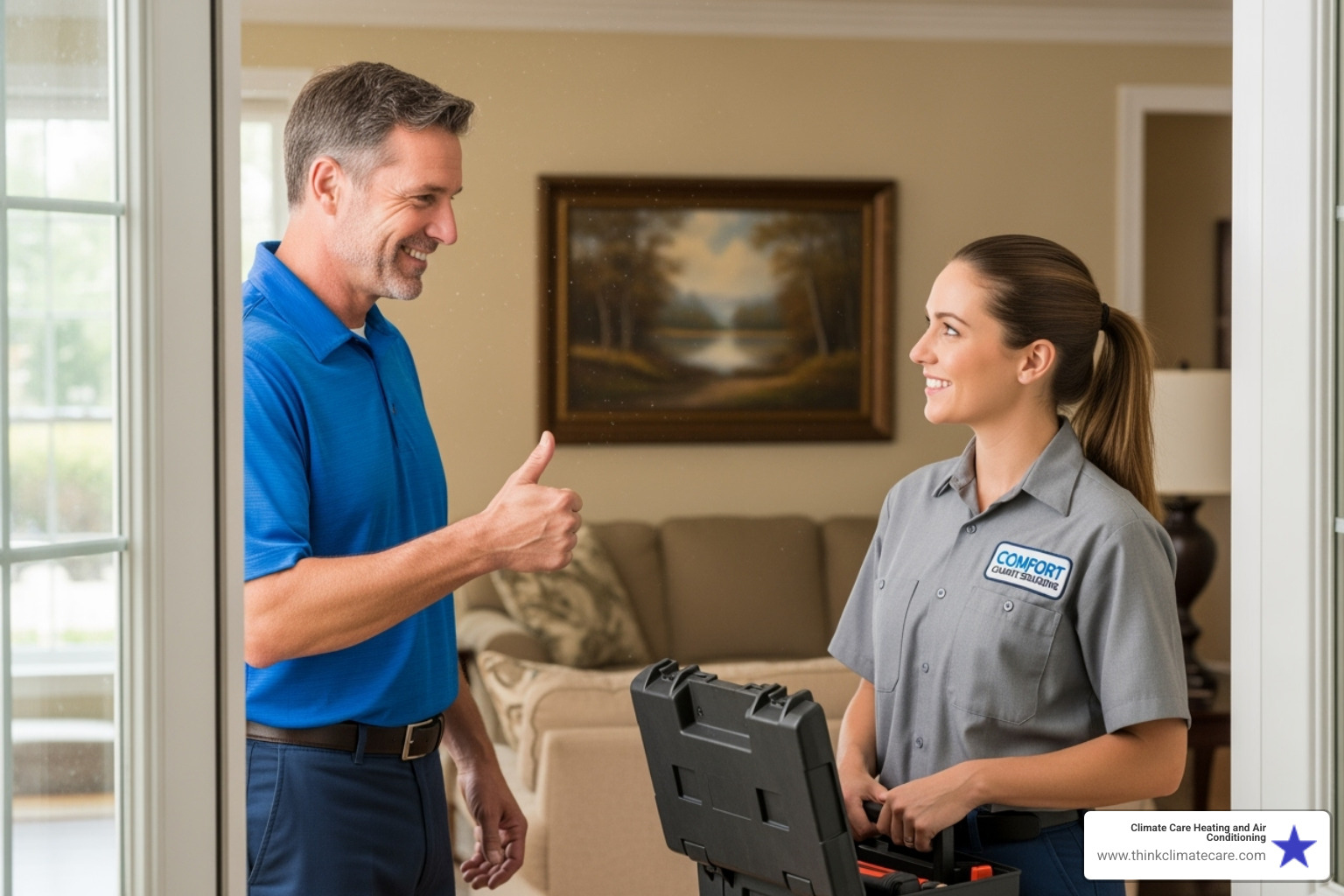 smiling homeowner giving a thumbs-up to an HVAC technician - affordable hvac repair experts near me sacramento