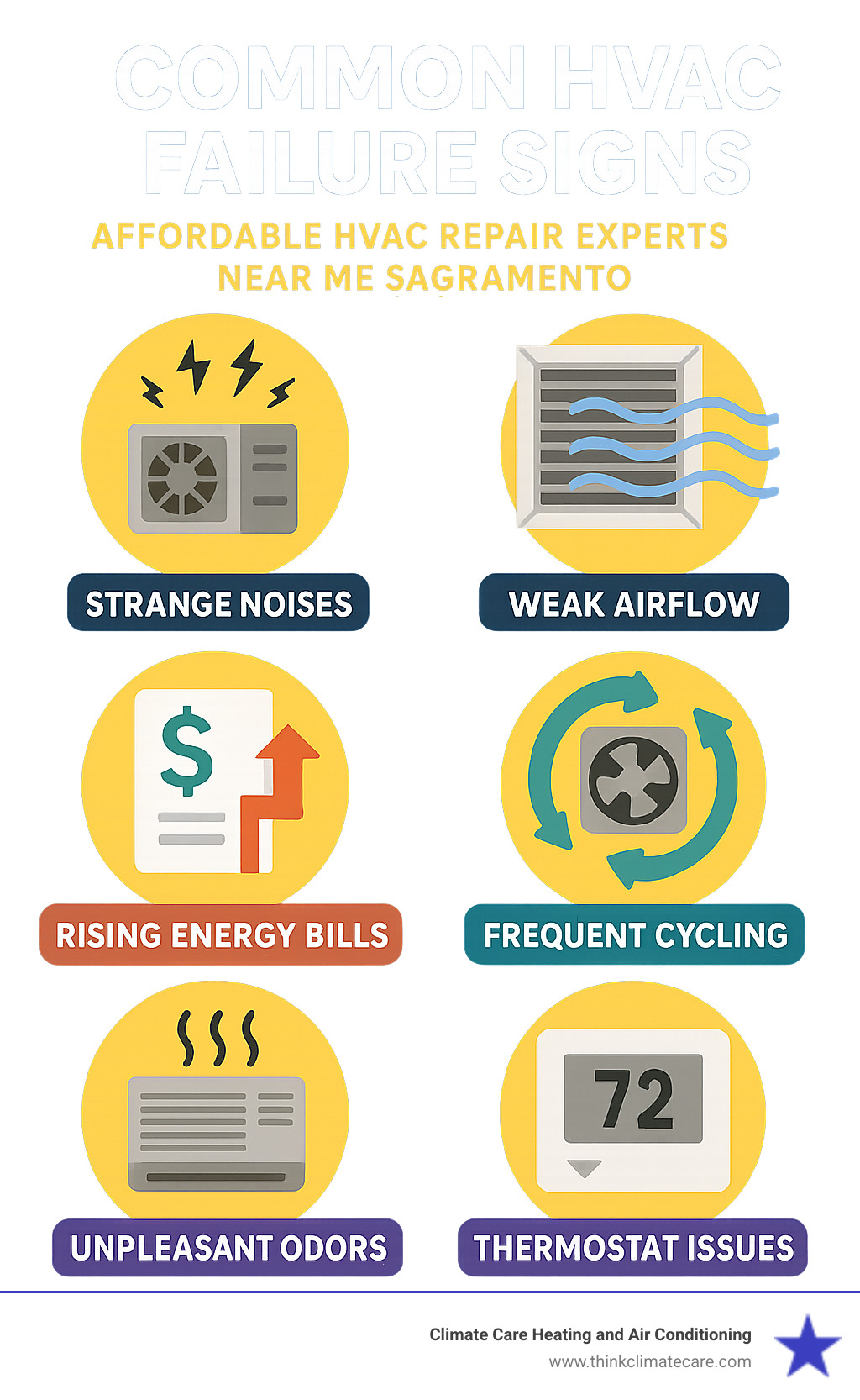 infographic showing common HVAC failure signs including strange noises, weak airflow, rising energy bills, frequent cycling, unpleasant odors, and thermostat issues - affordable hvac repair experts near me sacramento infographic 