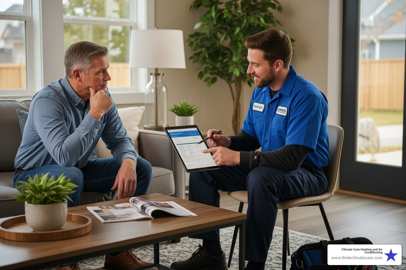 homeowner discussing pricing with technician - thermostat installation service