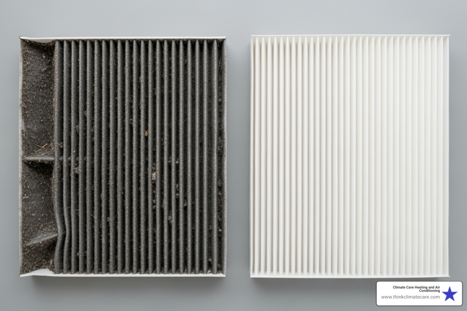 A dirty air filter next to a clean one, illustrating the difference - AC not cooling