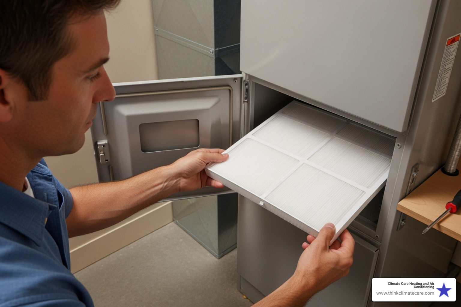 A homeowner changing a clean air filter into an HVAC unit - HVAC system not cooling