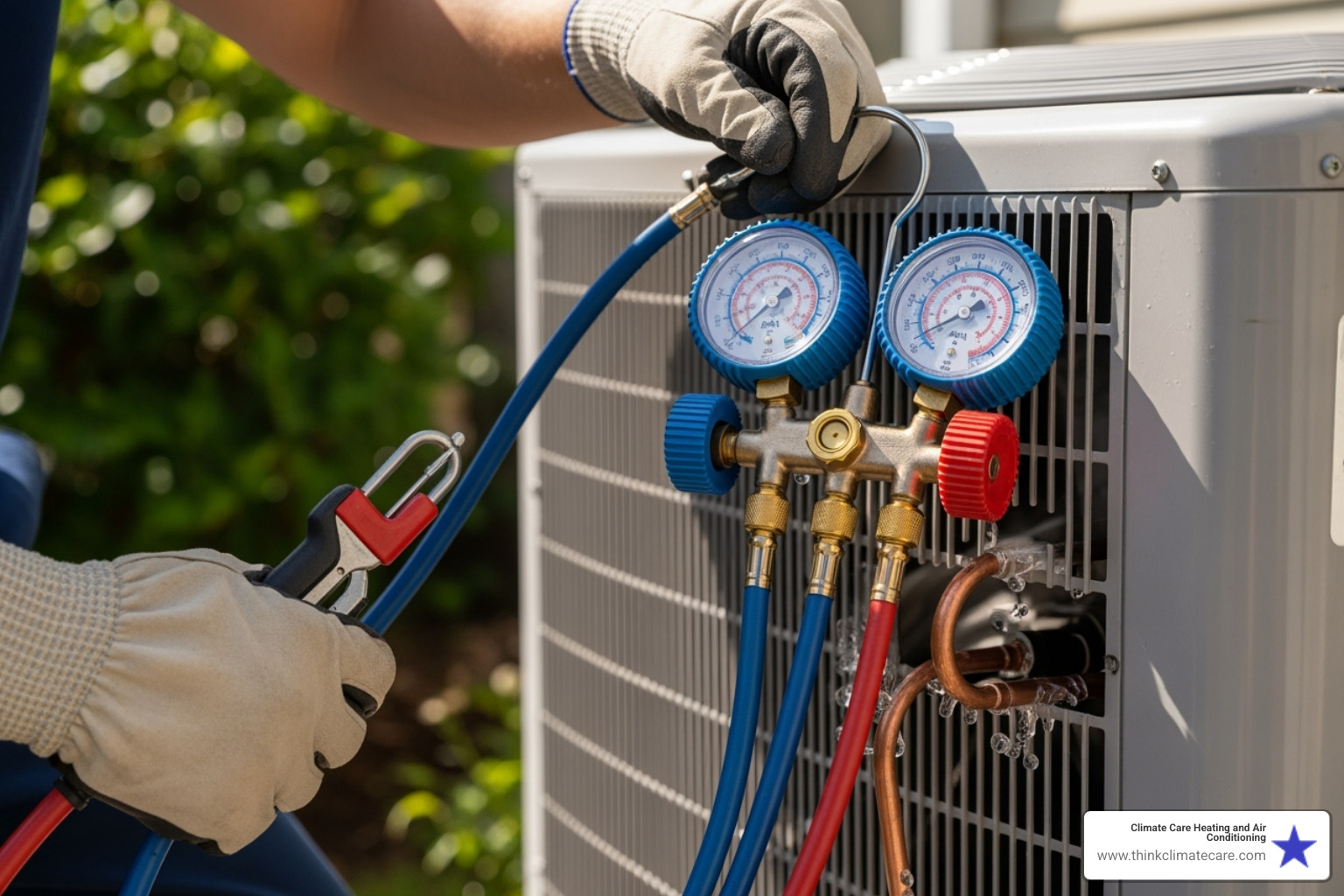 An HVAC technician checking refrigerant levels with gauges - HVAC system not cooling