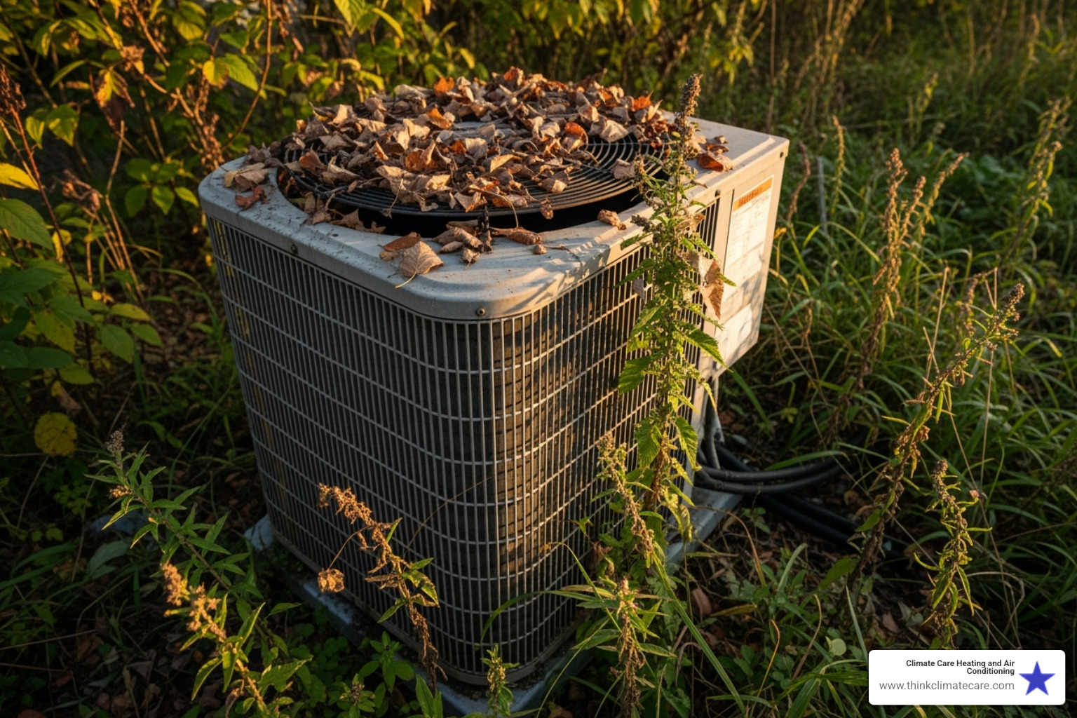 A dirty outdoor condenser unit covered in leaves and debris - HVAC system not cooling