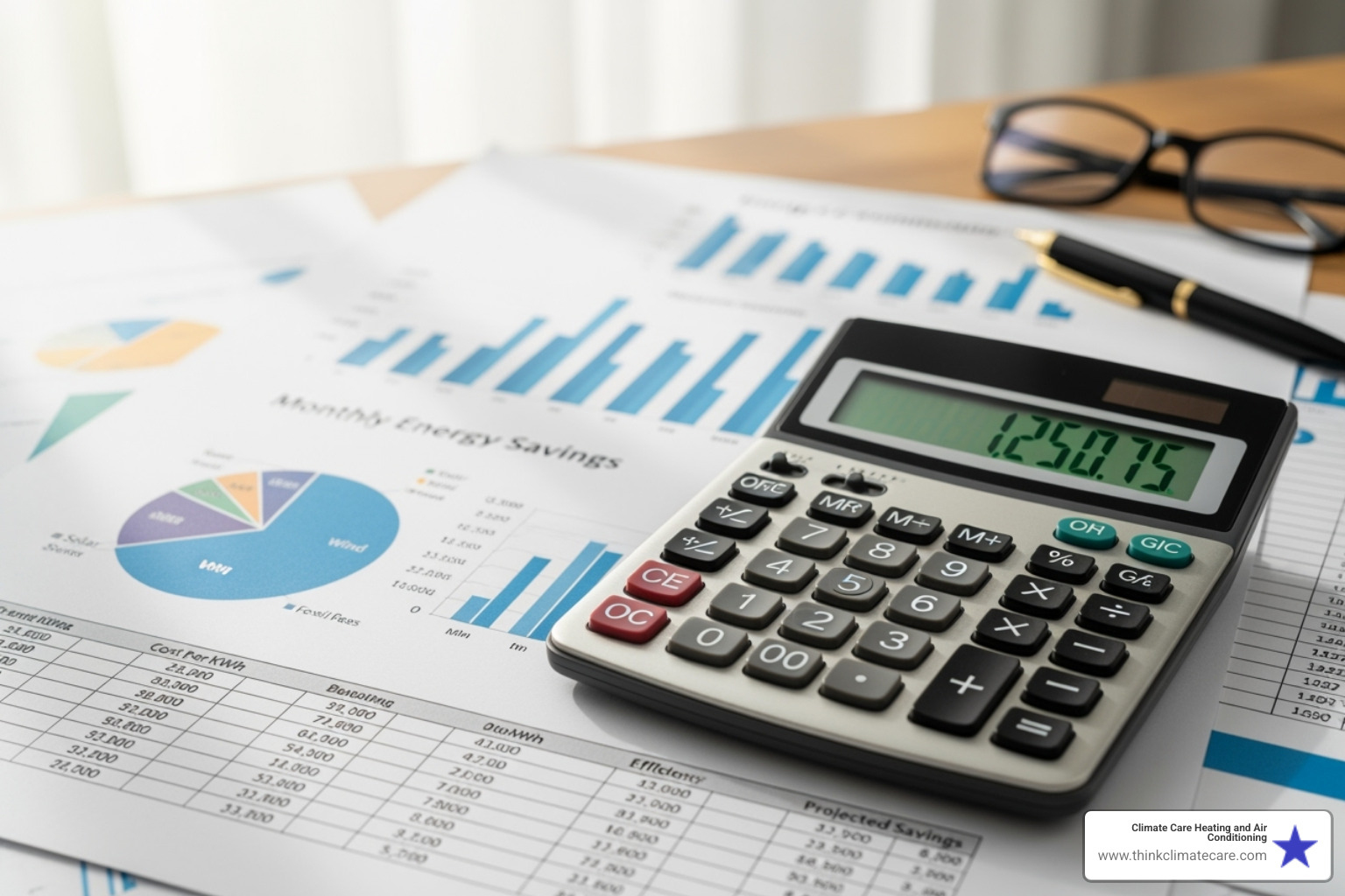 calculator and paperwork showing energy savings - ac installation sacramento ca