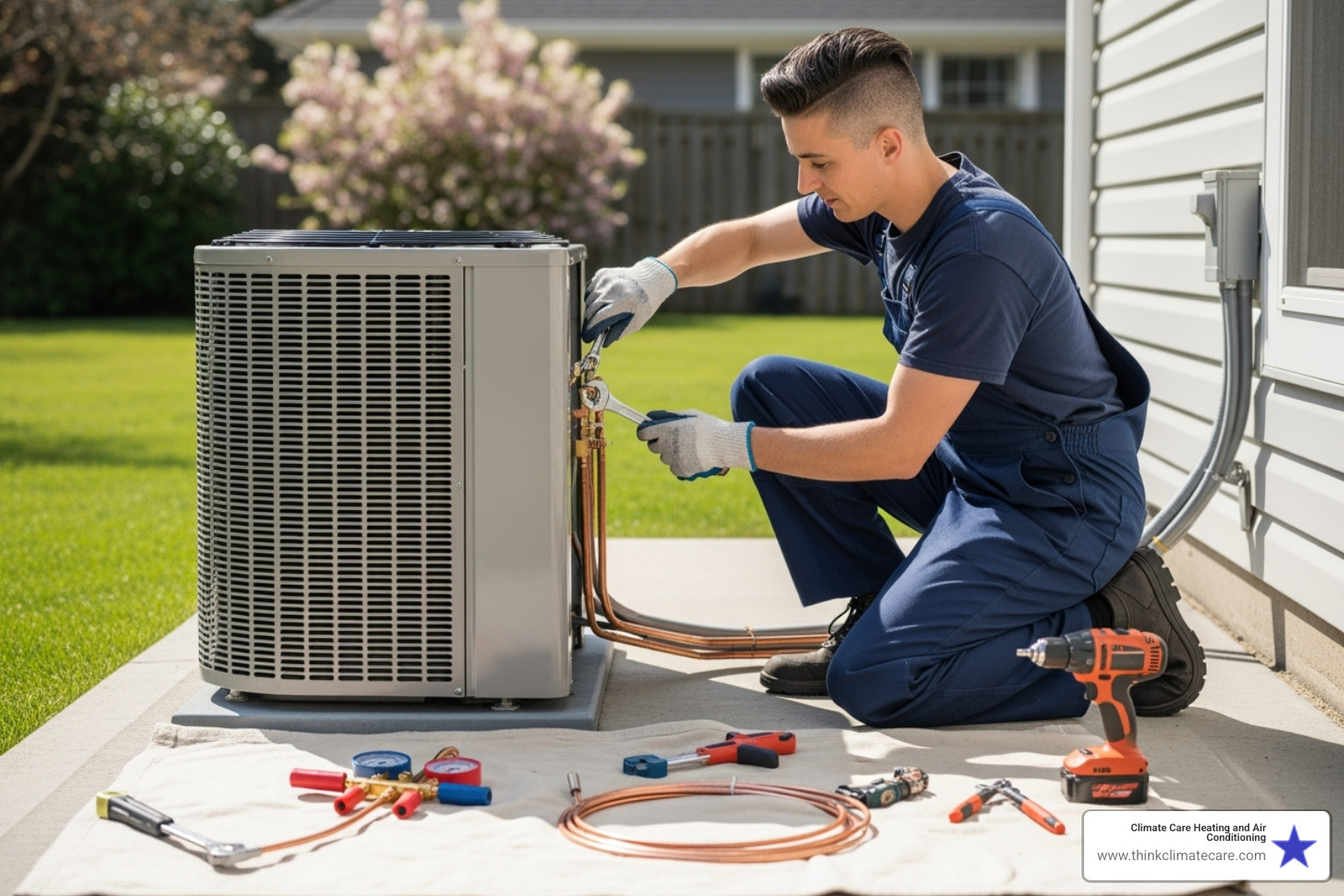 a certified technician carefully installing an outdoor condenser unit - ac installation sacramento ca