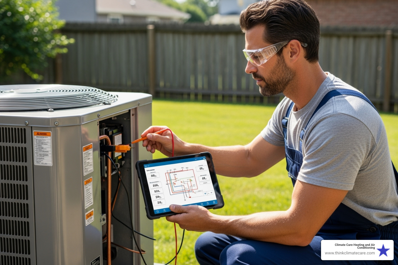 a technician performing a diagnostic check on an AC unit - air conditioner tune up special