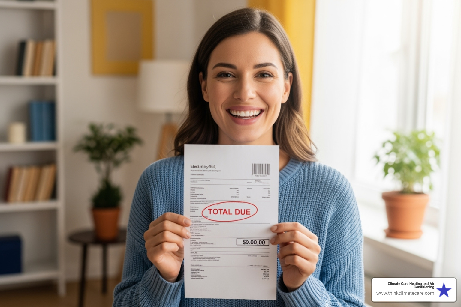 a homeowner smiling at their lower electricity bill - air conditioner tune up special