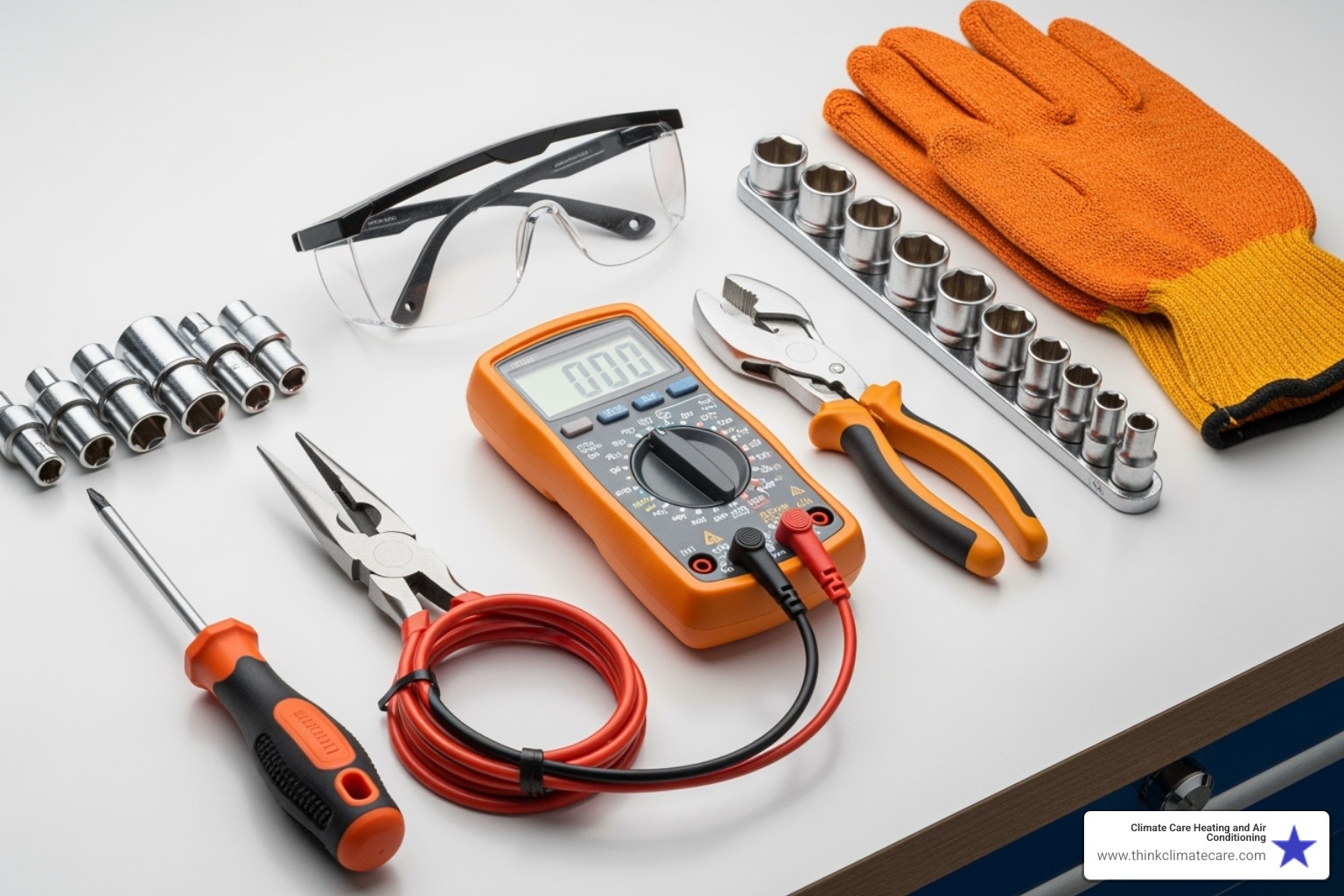 necessary tools laid out: insulated screwdriver, multimeter, needle-nose pliers, socket wrench, safety glasses, insulated gloves - hvac capacitor replacement