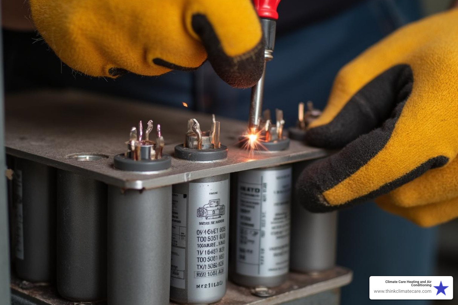 demonstrating how to discharge a capacitor with an insulated screwdriver - hvac capacitor replacement