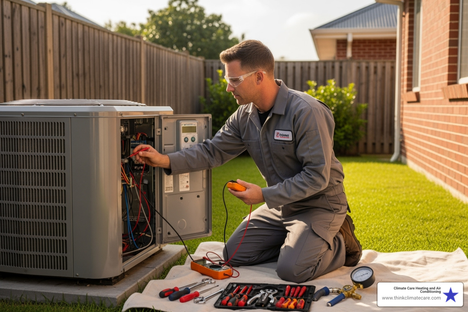 technician professionally diagnosing an outdoor air conditioning unit - AC repair Elk Grove