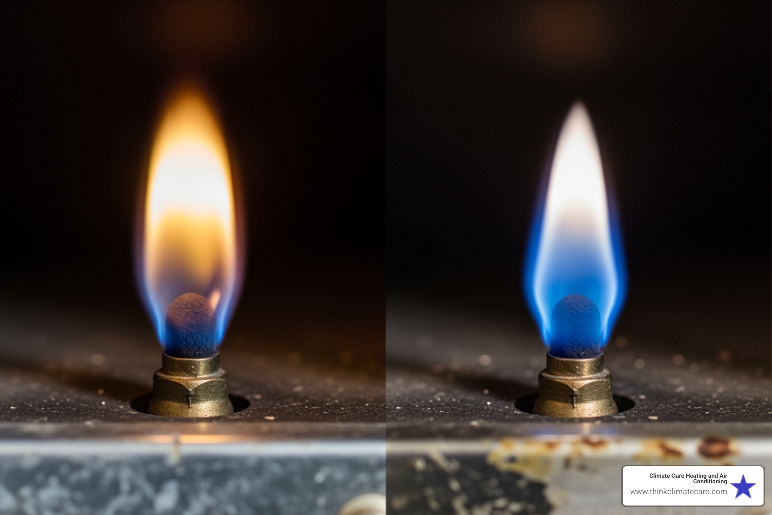 A discolored yellow furnace pilot light compared to a healthy blue one - furnace repair greater sacramento