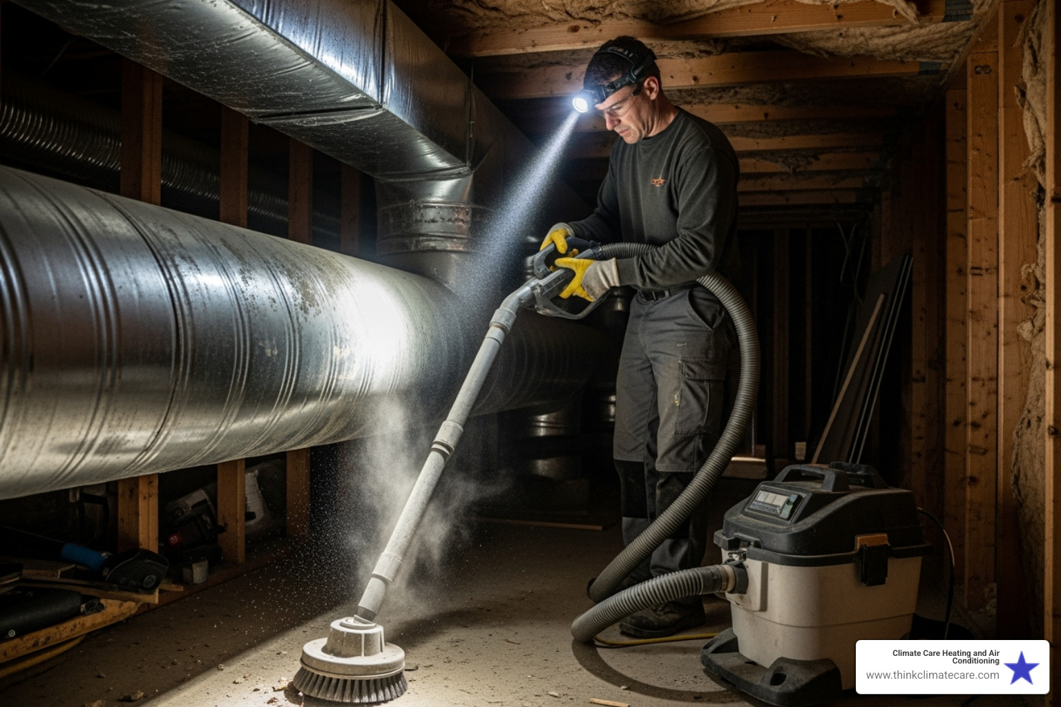 Technician using a high-powered vacuum and rotary brush system on an air duct - Sacramento duct cleaning