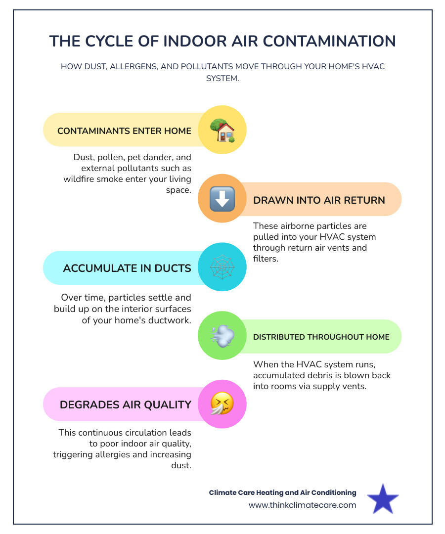 Detailed infographic showing how dust, pollen, pet dander, and other airborne contaminants enter through air intake, circulate through ductwork system, and are distributed throughout home rooms via air vents, with arrows indicating airflow patterns and contamination points - Sacramento duct cleaning infographic infographic-line-5-steps-colors