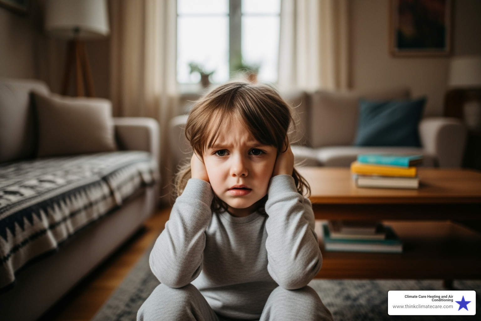 A small child looking concerned while covering their ears, illustrating the desire for quiet and comfort during an AC repair. - ac repair west sacramento
