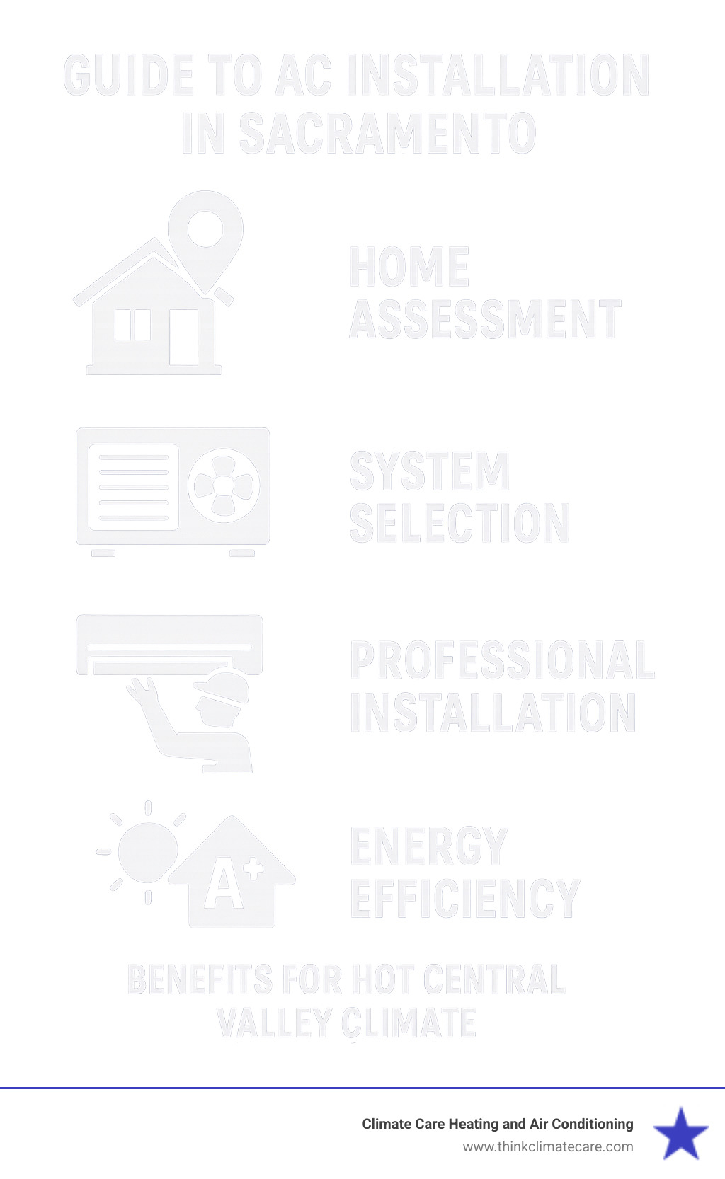Comprehensive guide showing the AC installation process in Sacramento, including home assessment, system selection, professional installation steps, and energy efficiency benefits for hot Central Valley climate - ac installations sacramento infographic 