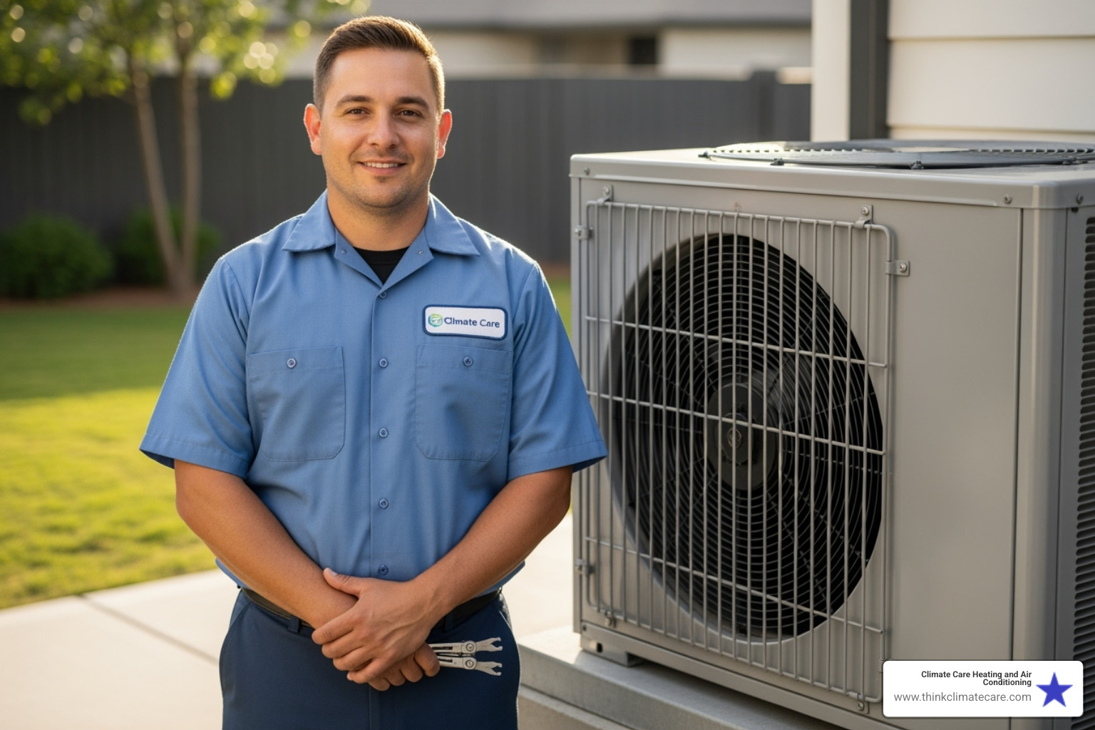 Climate Care logo and a friendly technician - HVAC system efficiency