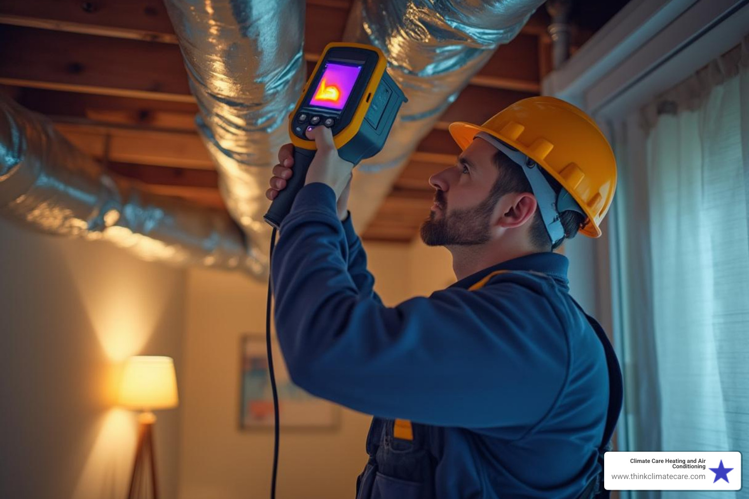 Image of a technician using a thermal imaging camera on ductwork - HVAC system diagnostic