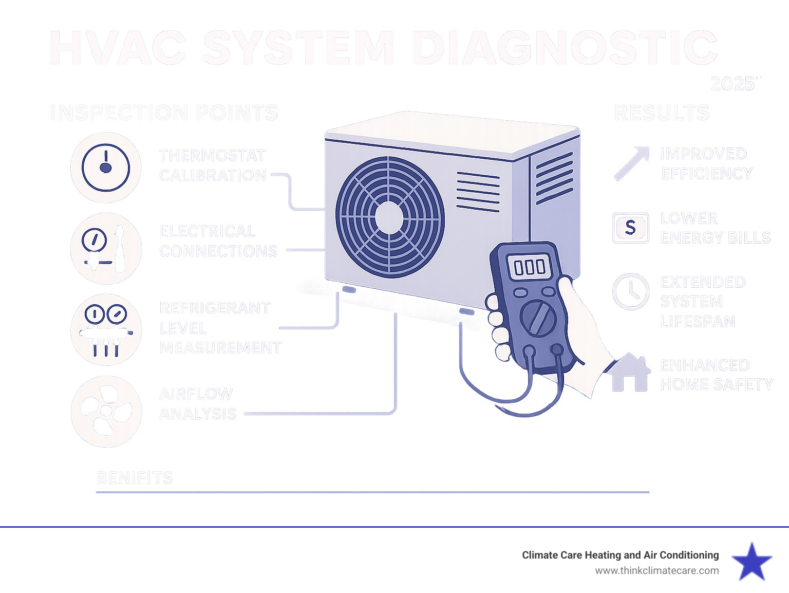 Comprehensive HVAC diagnostic process showing key inspection points: thermostat calibration, electrical connections testing, refrigerant level measurement, airflow analysis, and safety controls verification - resulting in improved efficiency, lower energy bills, extended system lifespan, and improved home safety - HVAC system diagnostic infographic 