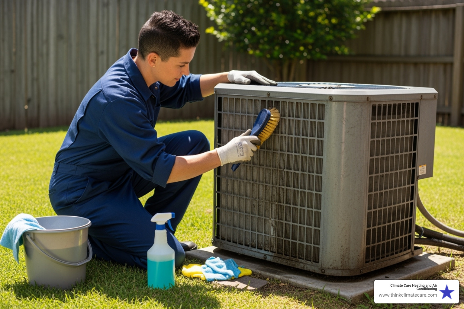 a technician cleaning an outdoor AC unit - HVAC preventative maintenance Sacramento