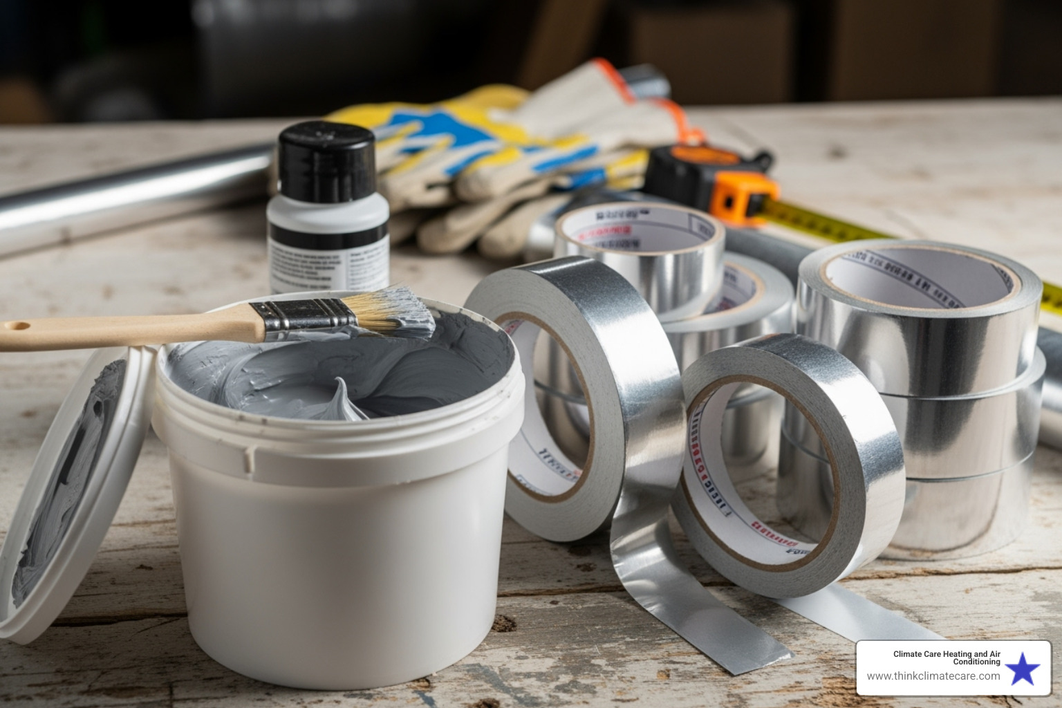 Image of different sealing materials like mastic sealant and foil tape - Air duct sealing
