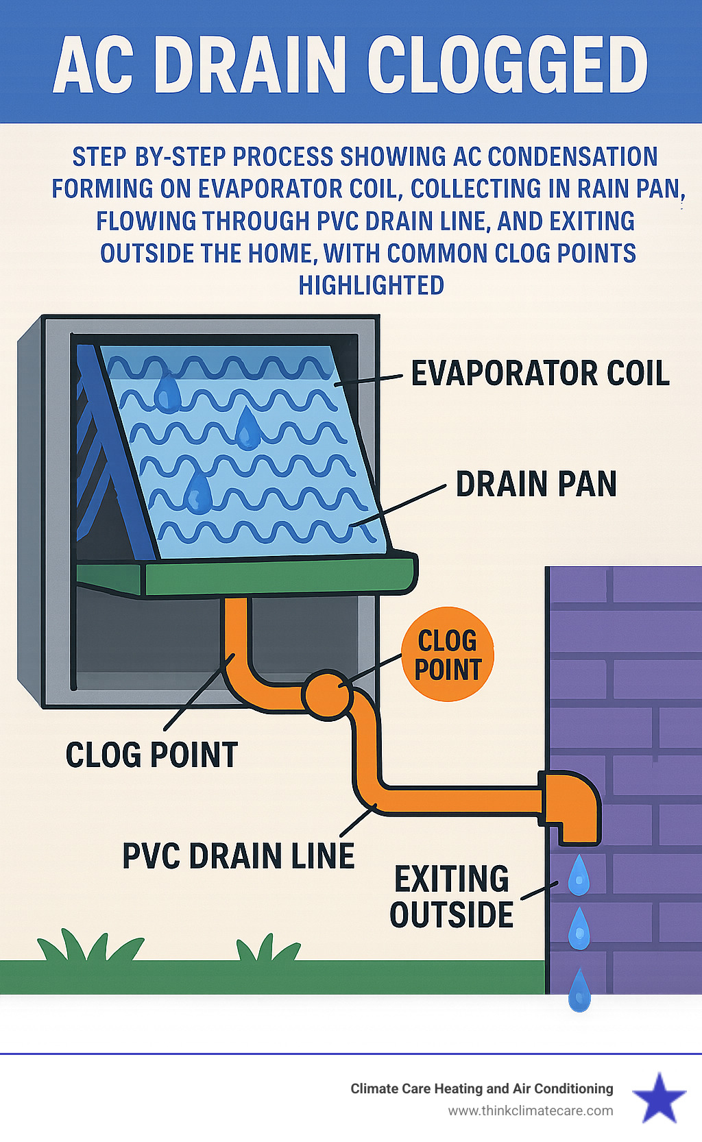 Step-by-step process showing AC condensation forming on evaporator coil, collecting in drain pan, flowing through PVC drain line, and exiting outside the home, with common clog points highlighted - ac drain clogged infographic 
