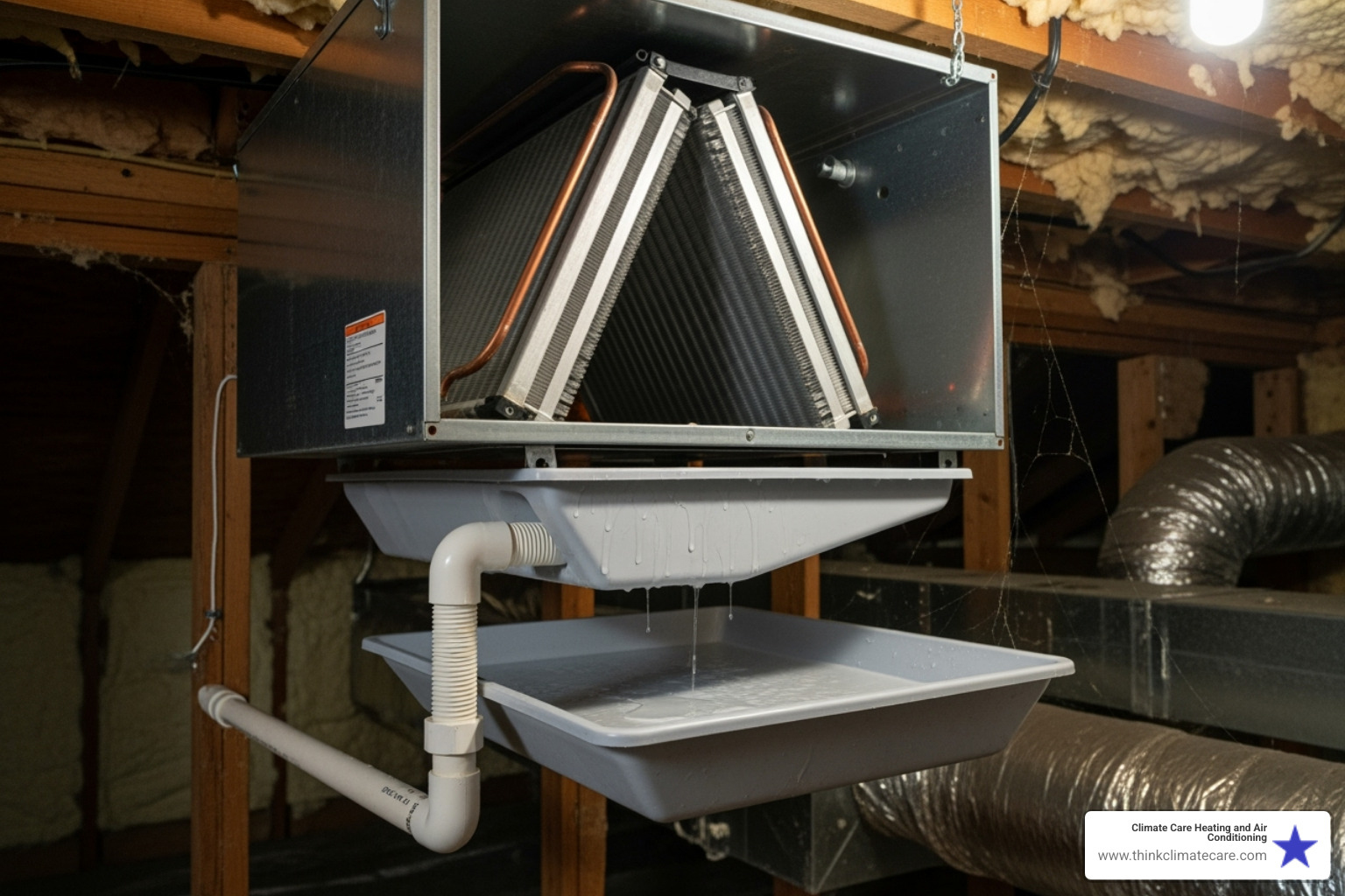 Indoor air handler showing the drain pan and PVC drain line access point - ac drain clogged