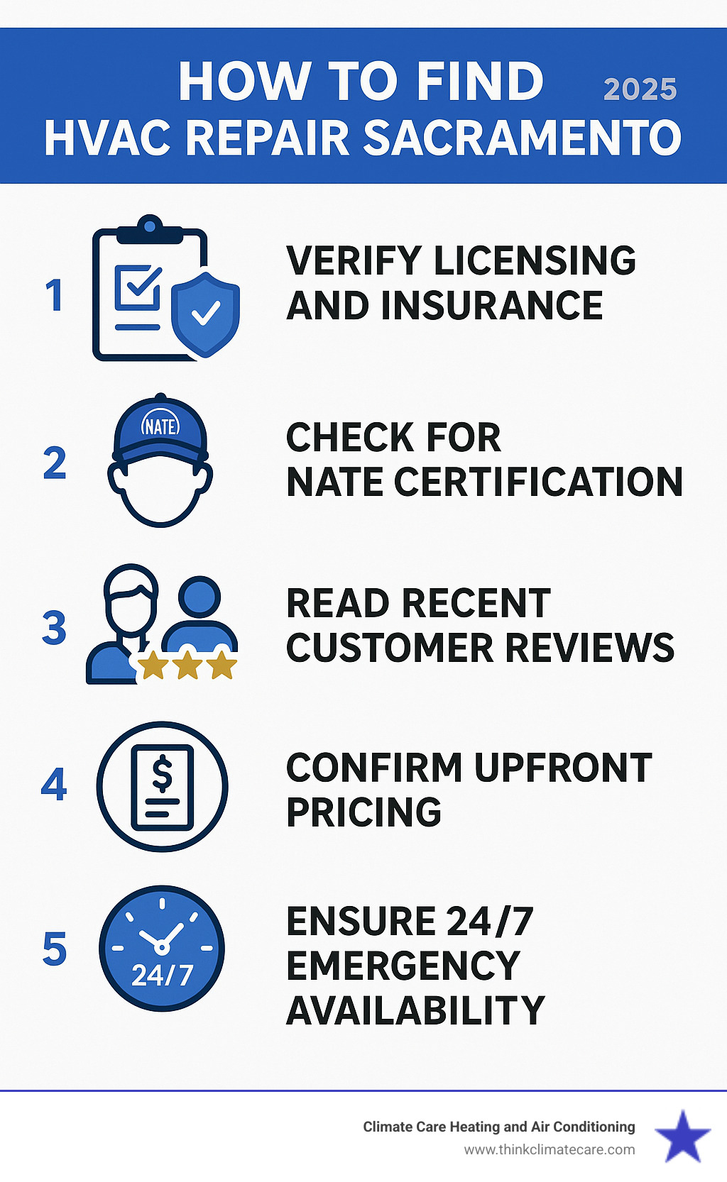 Infographic showing the 5 essential steps to find quality HVAC repair services in Sacramento: verify licensing and insurance, check for NATE certification, read recent customer reviews, confirm upfront pricing policies, and ensure 24/7 emergency availability - hvac repair sacramento infographic Infographic showing the 5 essential steps to find quality HVAC repair services in Sacramento: verify licensing and insurance, check for NATE certification, read recent customer reviews, confirm upfront pricing policies, and ensure 24/7 emergency availability - hvac repair sacramento infographic