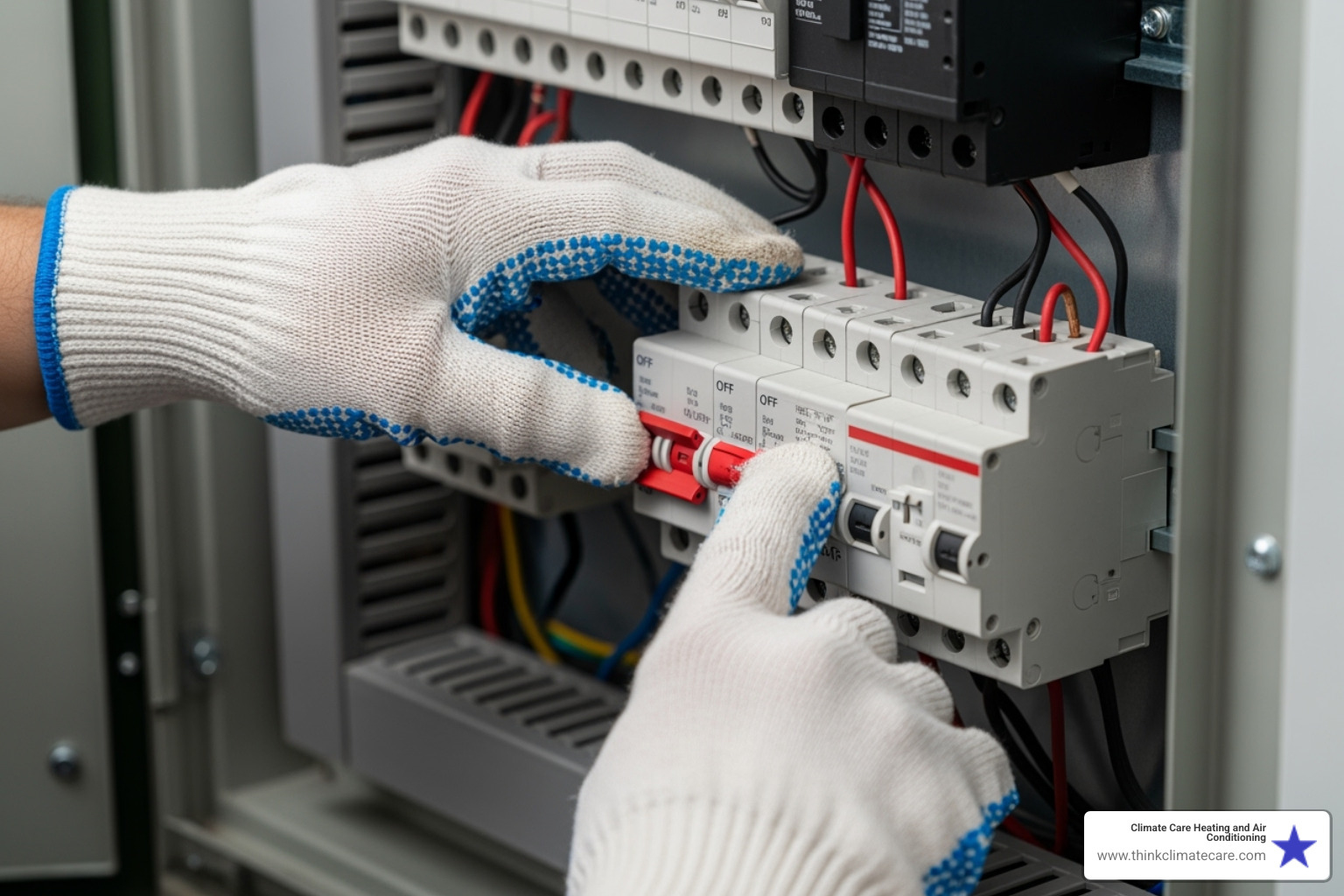 Homeowner safely turning off the power at the circuit breaker - 24 hour AC repair