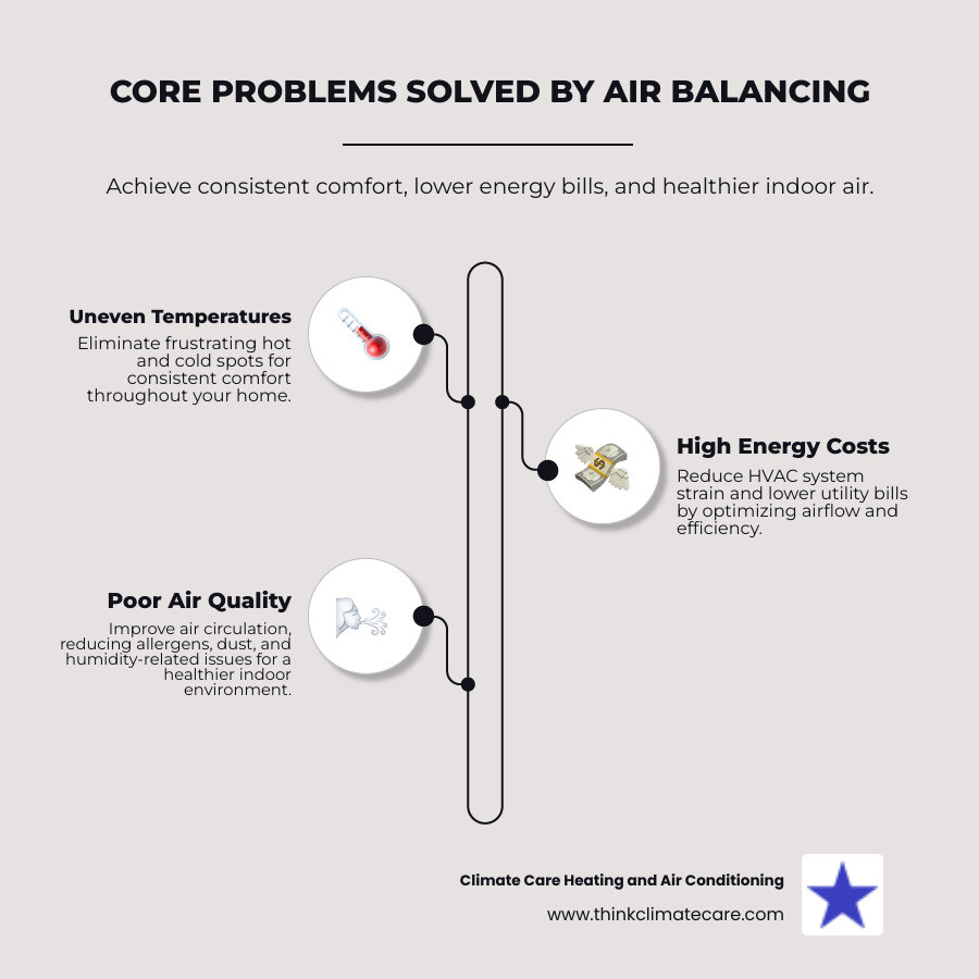 Infographic showing three main problems solved by air balancing: uneven room temperatures with thermometer icons showing different readings, high energy bills represented by dollar signs and upward trending arrows, and poor air quality depicted with dust particles and allergens floating in rooms - Air balancing service infographic infographic-line-3-steps-neat_beige